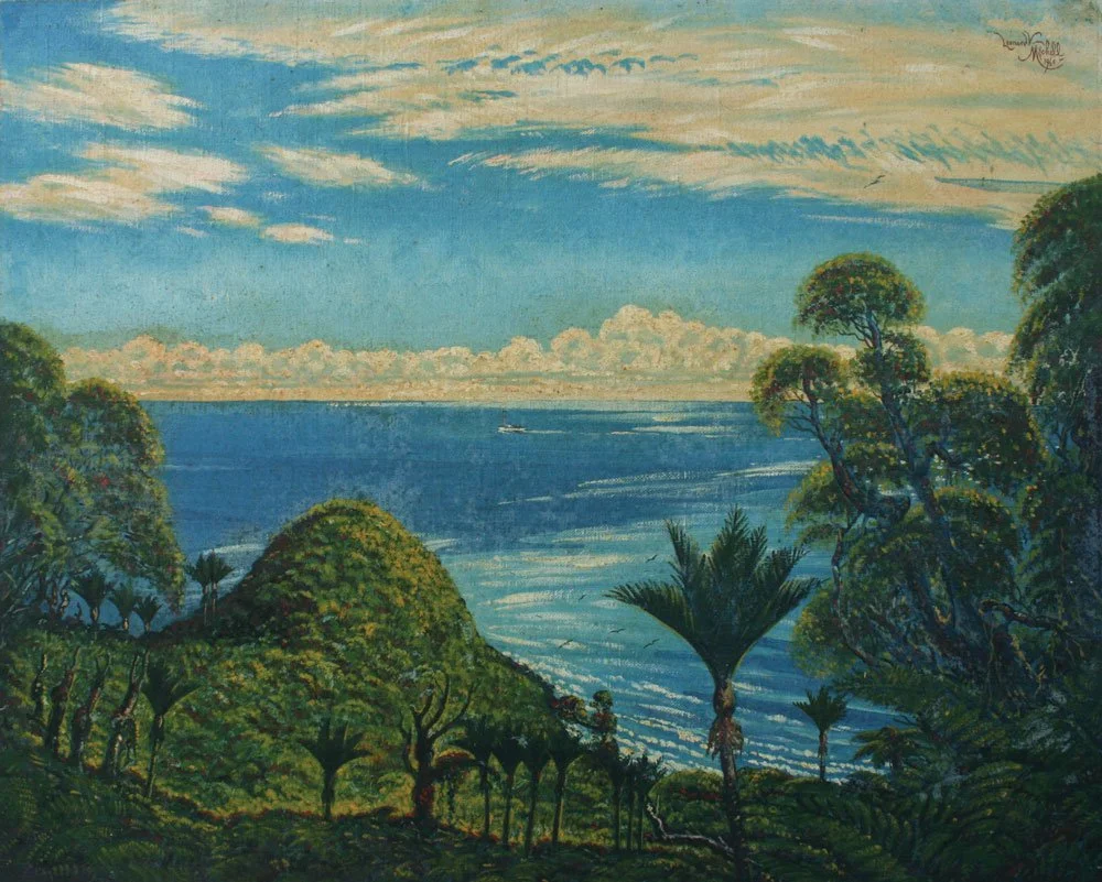 Bay of Islands Seascape with Nikaus, oil on canvas on board, signed Leonard V Mitchell 1960, 61cm x 76cm. 