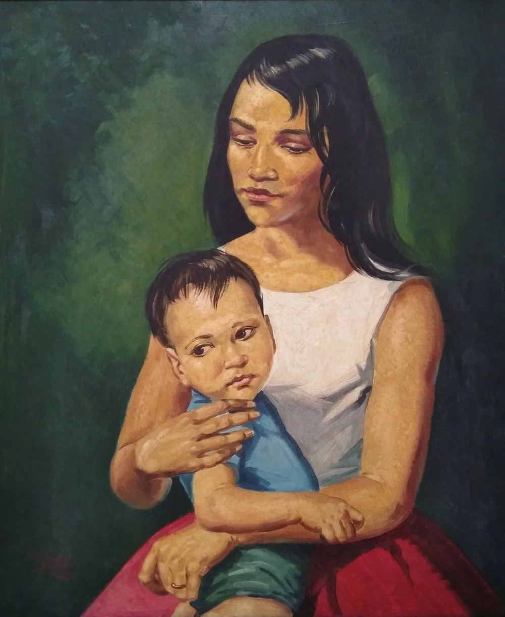 The Young Mother, oil on board, signed Leonard Mitchell 1959, 61cm x 51cm.