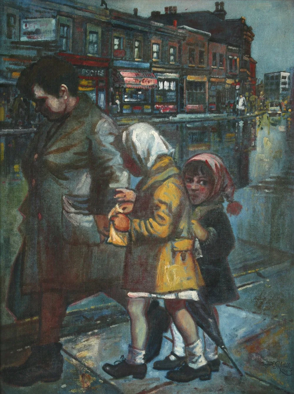Working Mother, Morning Lane, Hackney, oil on canvas on board, signed Leonard V Mitchell 1969, 102cm x 76cm. SOLD 2018 for $14,000.