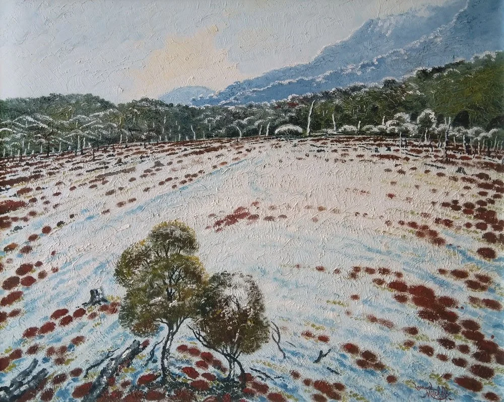 Snowfield Ruahine, oil on board, signed Leonard Mitchell 1959, 57cm x 69cm.