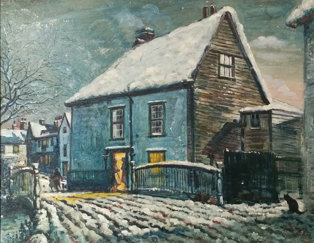 The Choir Master’s House in Snow, Coggeshall, oil on board, signed Leonard Victor Mitchell Coggeshall 1962, 40cm x 50cm. SOLD 2018 for $7,250.