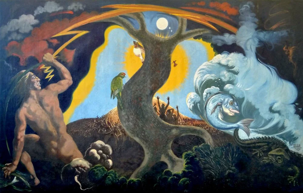 The Separation of Heaven and Earth (Polynesian Mythology), oil on canvas, signed Leonard Mitchell 1959, 180cm x 300cm. SOLD 2019 for $17,000.