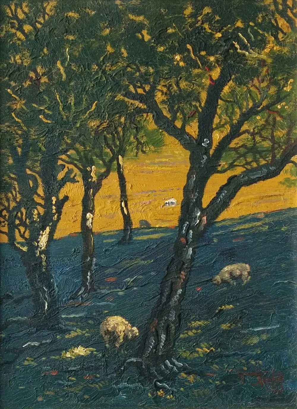 Sheep in the Trees, oil on board, signed Leonard Mitchell 1959, 31cm x 23cm.