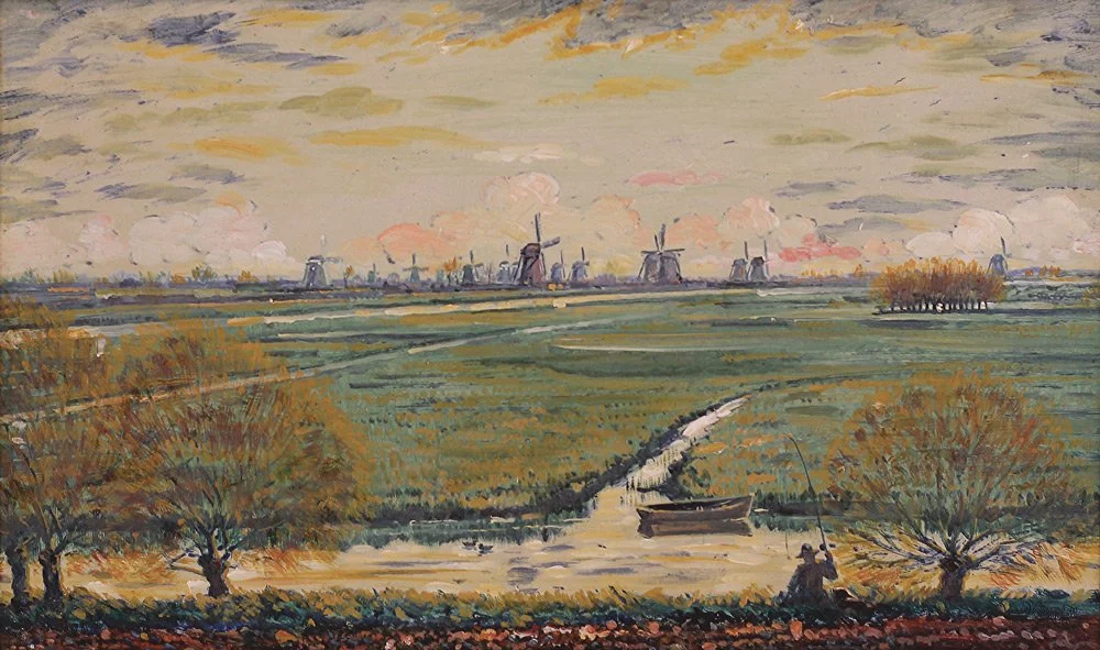 Kinderdijk Windmills and Canals, oil on board, signed Leonard Victor Mitchell 1961, 27cm x 46cm.