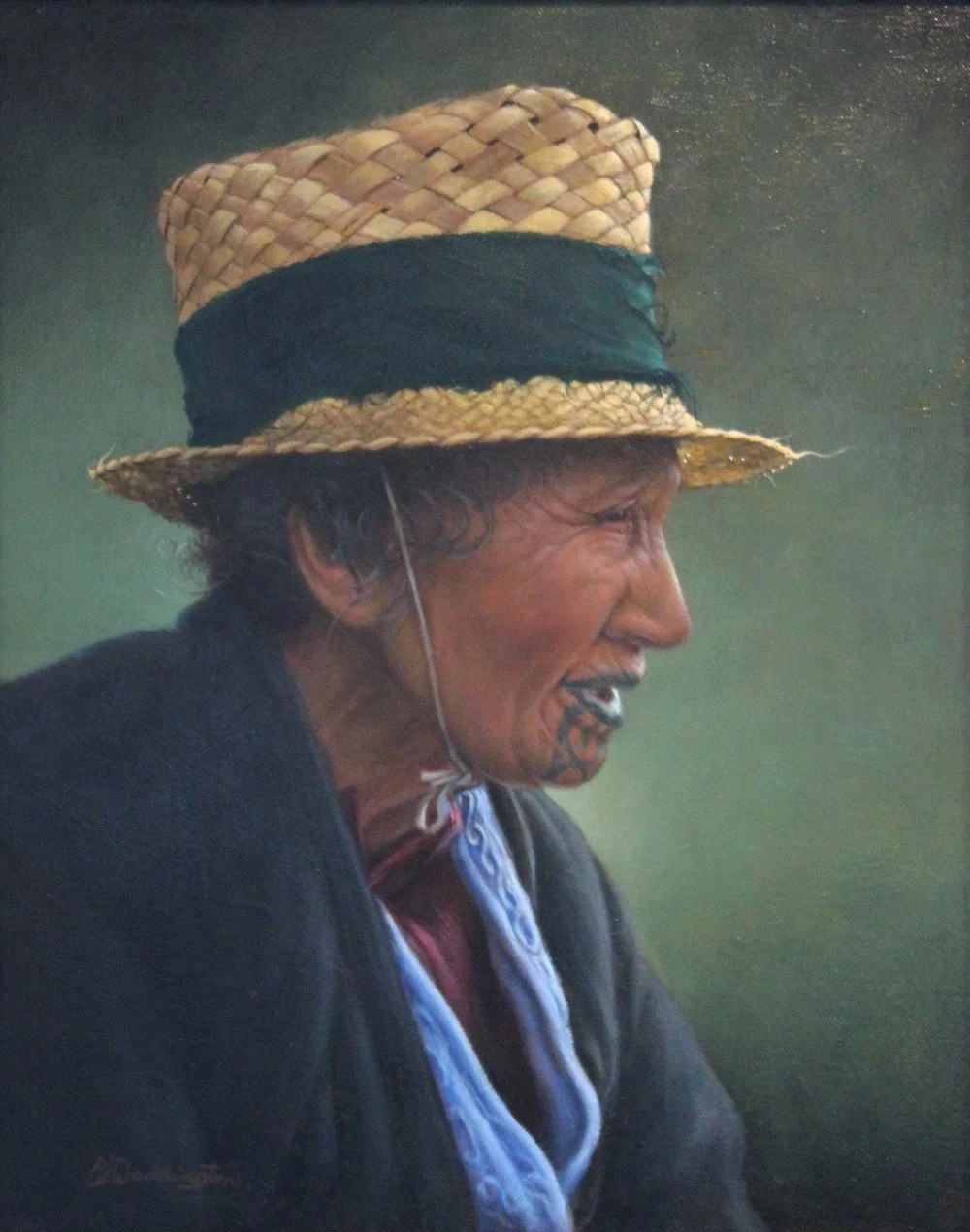 Tuhoe under Harakeke, oil on canvas, signed PJ Waddington. SOLD 2021 for $9,000.
Portrait of Te Onewhero Takurua (Tangi Tamarau). Tangi was a master flax (Harakeke) weaver and is pictured wearing a hat of her own creation.