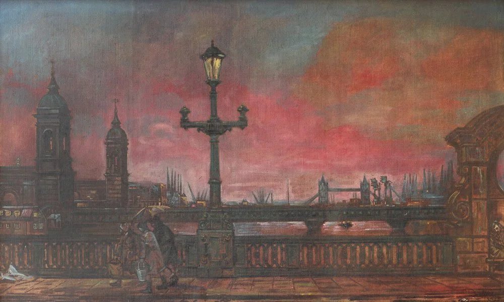 Dawn from Southwark Bridge, London, oil on canvas on board, signed Leonard V Mitchell 1968, 61cm x 102cm.