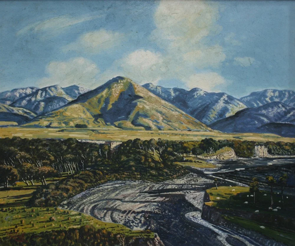 Orongorongo Hills, Wairarapa, oil on board, signed Leonard Mitchell 1958, 51cm x 61cm.