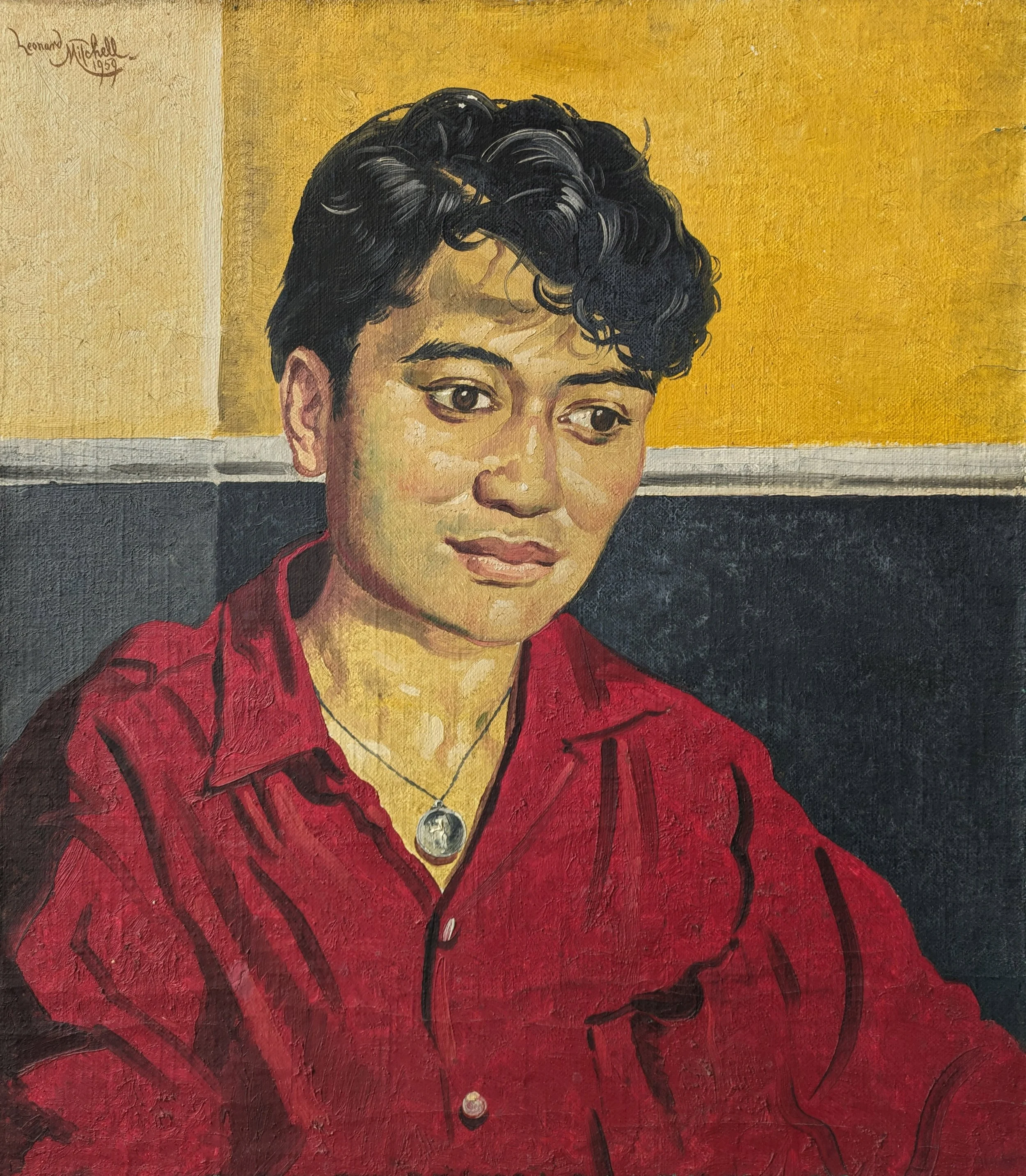 Young Man in Red Shirt (Peter Ramsden), oil on canvas on board, signed Leonard Mitchell 1959, 58cm x 51cm.