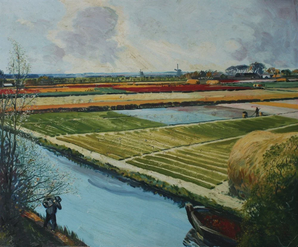 Dutch Bulb Fields, oil on board, signed Leonard Mitchell 1960, 50cm x 60cm.