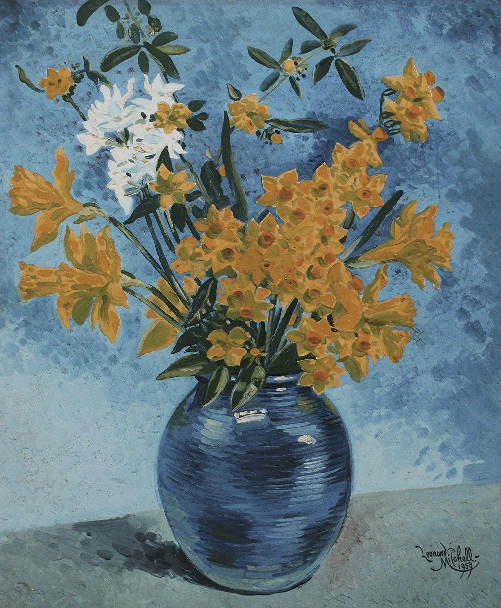 Daffodils in Blue Vase, oil on board, signed Leonard Mitchell 1959, 48.5cm x 38cm.