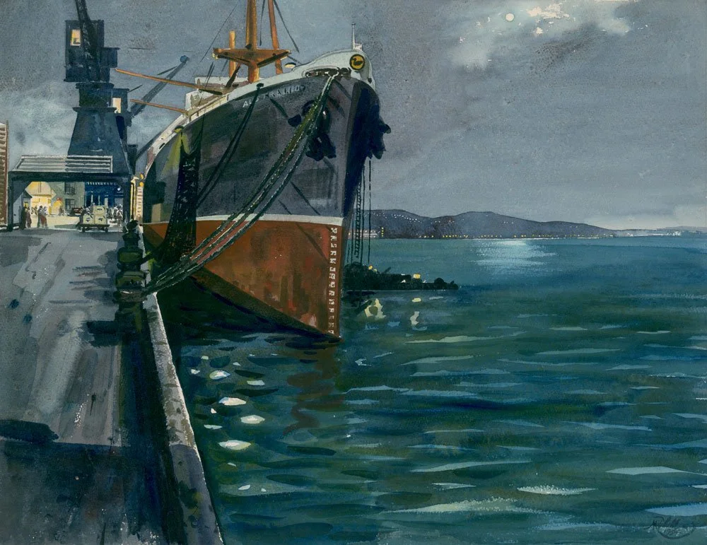 Wellington Wharves at Night, from an original watercolour by Leonard Victor Mitchell. Limited Edition of 50 at original size –  500x650mm (artwork), unframed. $300 excluding delivery.