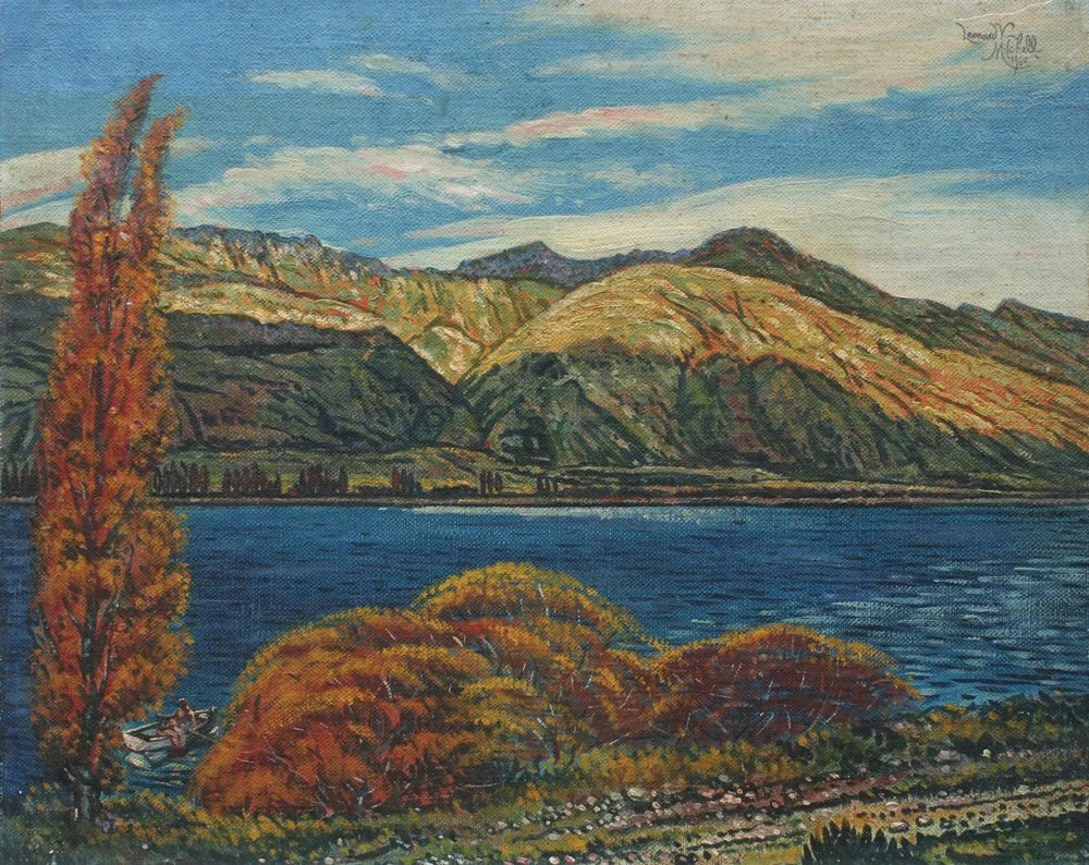 Autumn Leaves, Clutha Valley, oil on canvas on board, signed Leonard V Mitchell 1960, 40cm x 50cm.