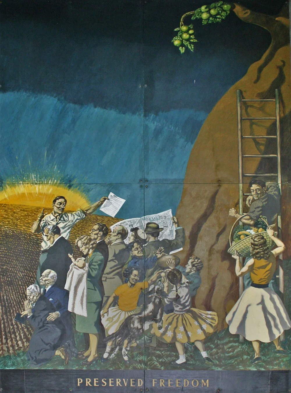 Preserved Freedom, oil on canvas, Leonard Victor Mitchell 1956, 600cm x 420cm. On display, Lower Hutt War Memorial Library.