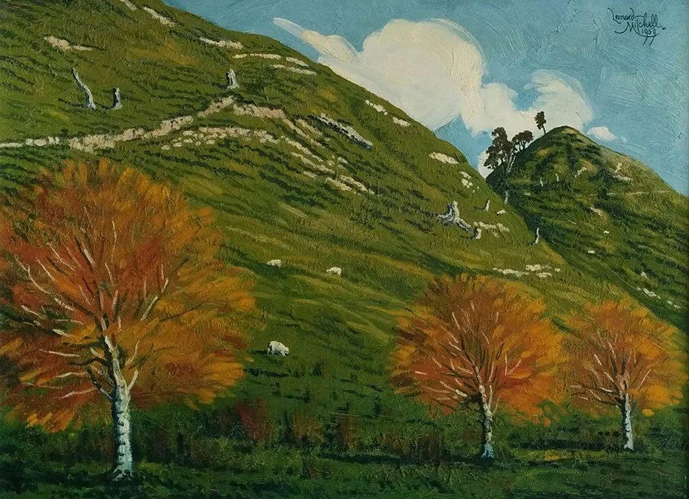 King Country Landscape, oil on board, signed Leonard Mitchell 1959, 36cm x 50cm. SOLD 2018 for $3,750.