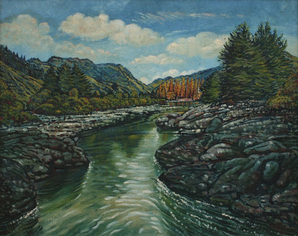 Autumn River Scene, oil on canvas on board, signed Leonard V Mitchell 1959, 40cm x 50cm.