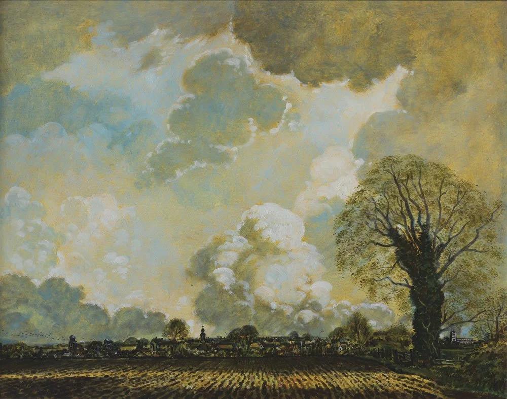 View of Coggeshall from Abbey Lane, Autumn, oil on board, signed Leonard V Mitchell 1971, 52cm x 66cm.