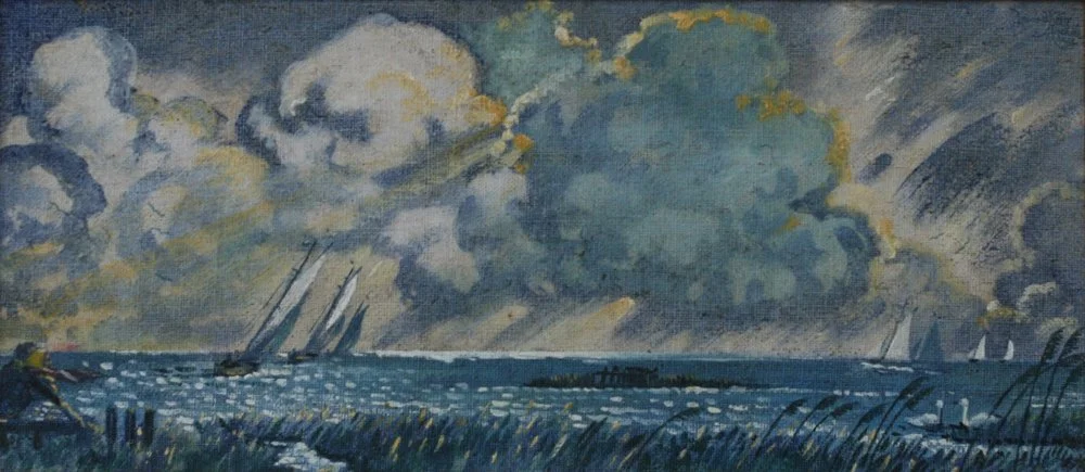 East Anglia Seascape, oil on canvas on board, signed Leonard Victor Mitchell 1964, 17cm x 30cm.