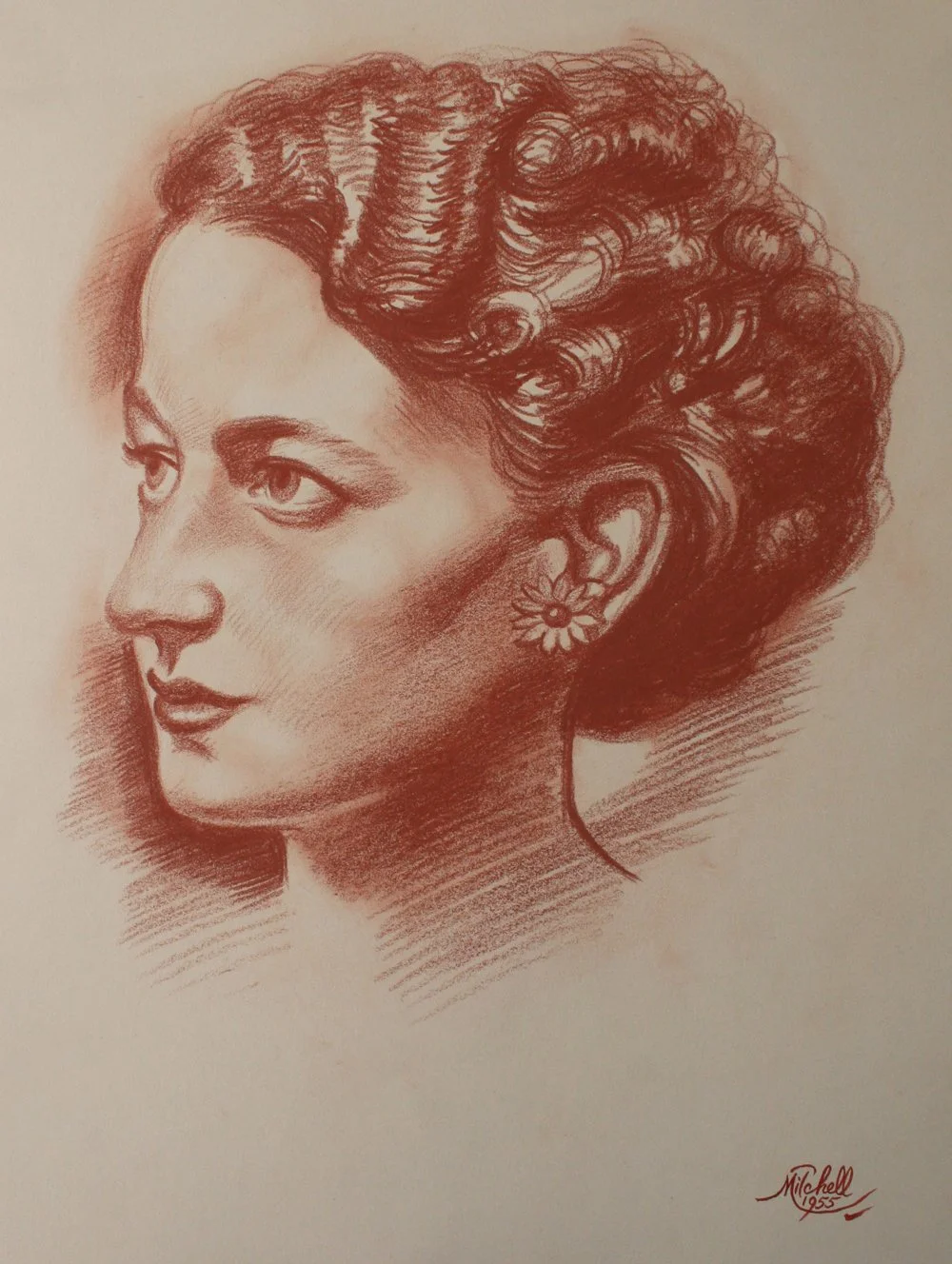 Judy Edrige (NZSO), conte on paper, signed Mitchell 1955, 57cm x 45cm.