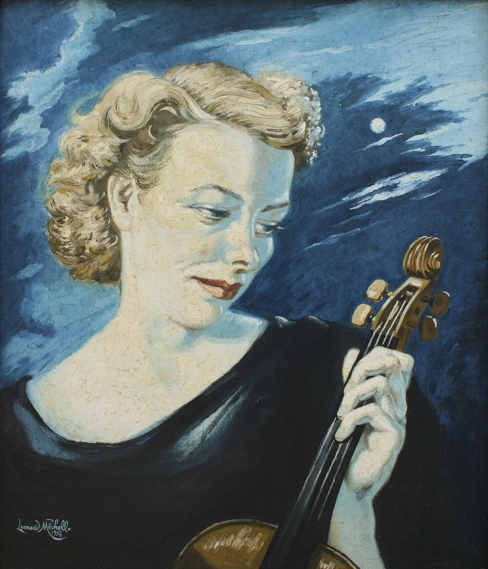 Vivien Dixon with Violin (NZ Symphony Orchestra), oil on canvas on board, signed Leonard Mitchell 1956, 57cm x 49cm.