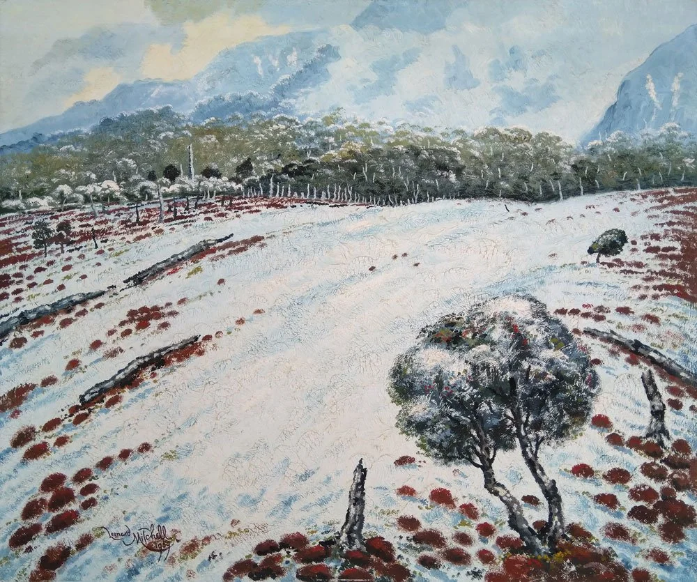 Snow Patterns Ruahine, oil on board, signed Leonard Mitchell 1959, 51cm x 61cm. SOLD 2018 for $6,000. Kelliher Art Trust Collection.