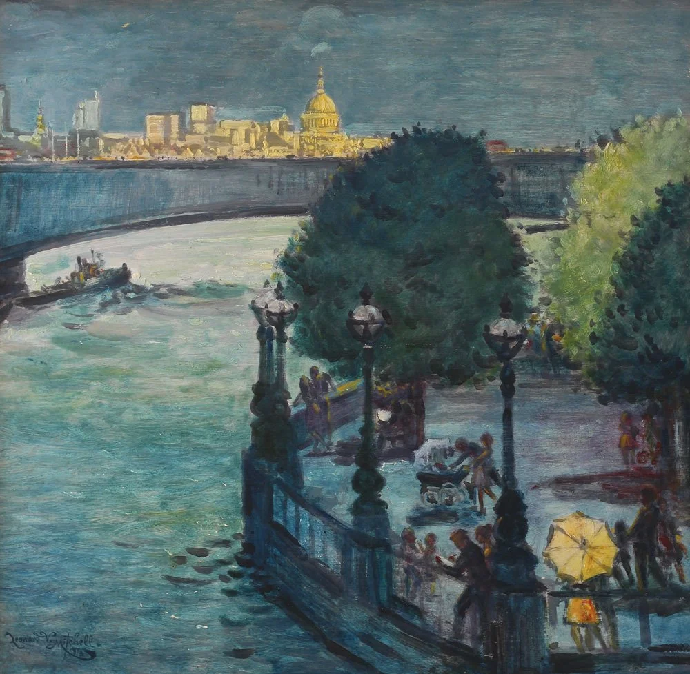 Thames and City from South Bank, Summer, oil on board, signed Leonard V Mitchell 1973, 60cm x 61cm. SOLD 2021 for $4,500.