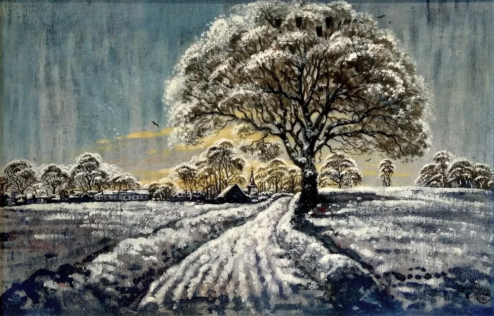 Snow Outside Coggeshall, oil on canvas on board, signed Leonard Victor Mitchell 1962, 34cm x 52cm. SOLD 2021 for $4,750.