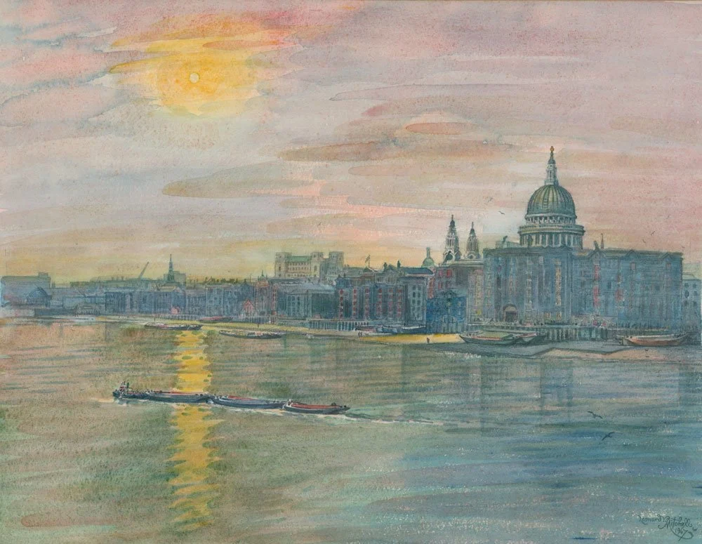 Thames Sunset with View of St Paul's Cathedral London, from an original watercolour by Leonard Victor Mitchell. Limited Edition of 50 at original size –  350x450mm (artwork), unframed. $300 excluding delivery.