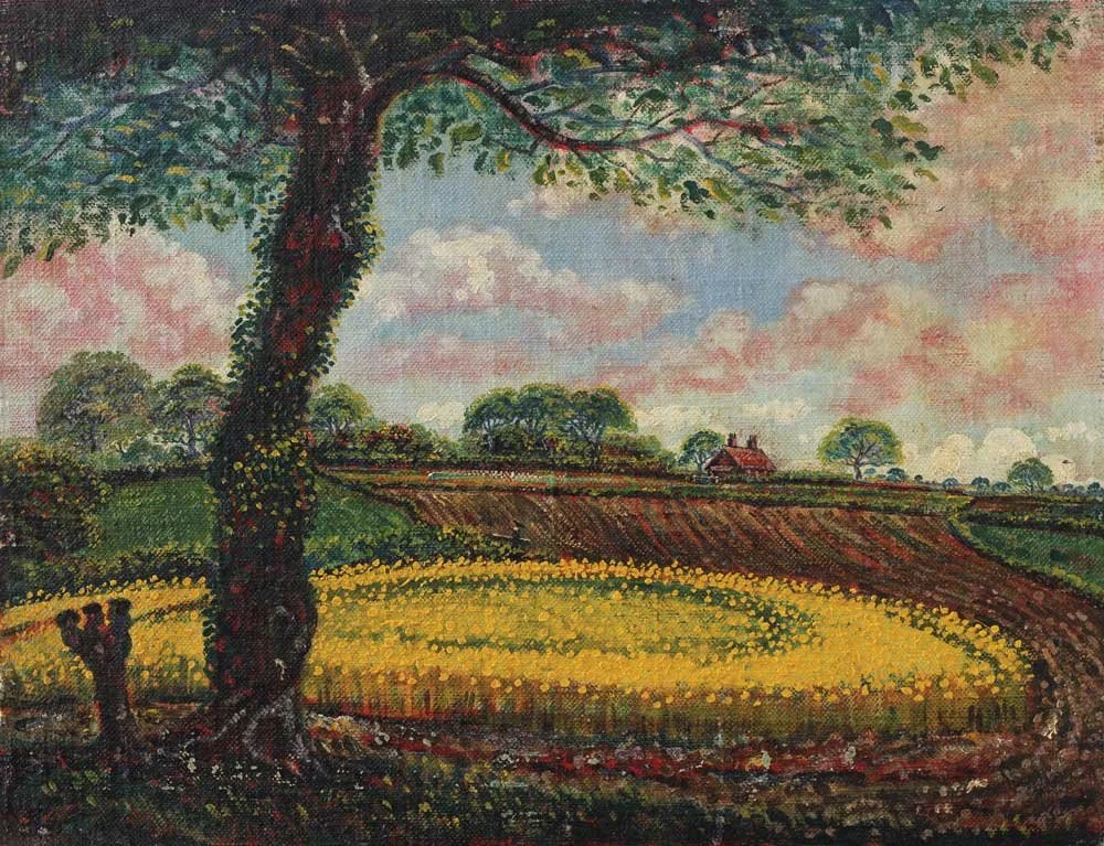Mustard Field, Kelvedon, Essex, oil on canvas on board, signed Leonard Victor Mitchell 1961, 36cm x 46cm. SOLD 2018 for $6,500.