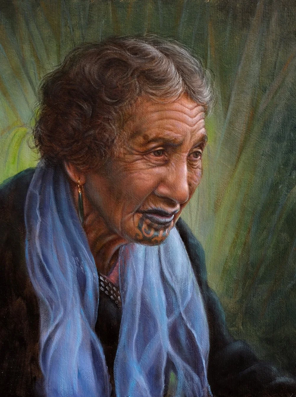 Tuhoe in Blue, oil on canvas, signed PJ Waddington. SOLD 2019 for $8,750.

Tangi Tamarau was well known as an expert weaver of flax (harakeke). Tangi and I became very close over the years and I was honoured by her calling me her “pākehā mokopuna”. T