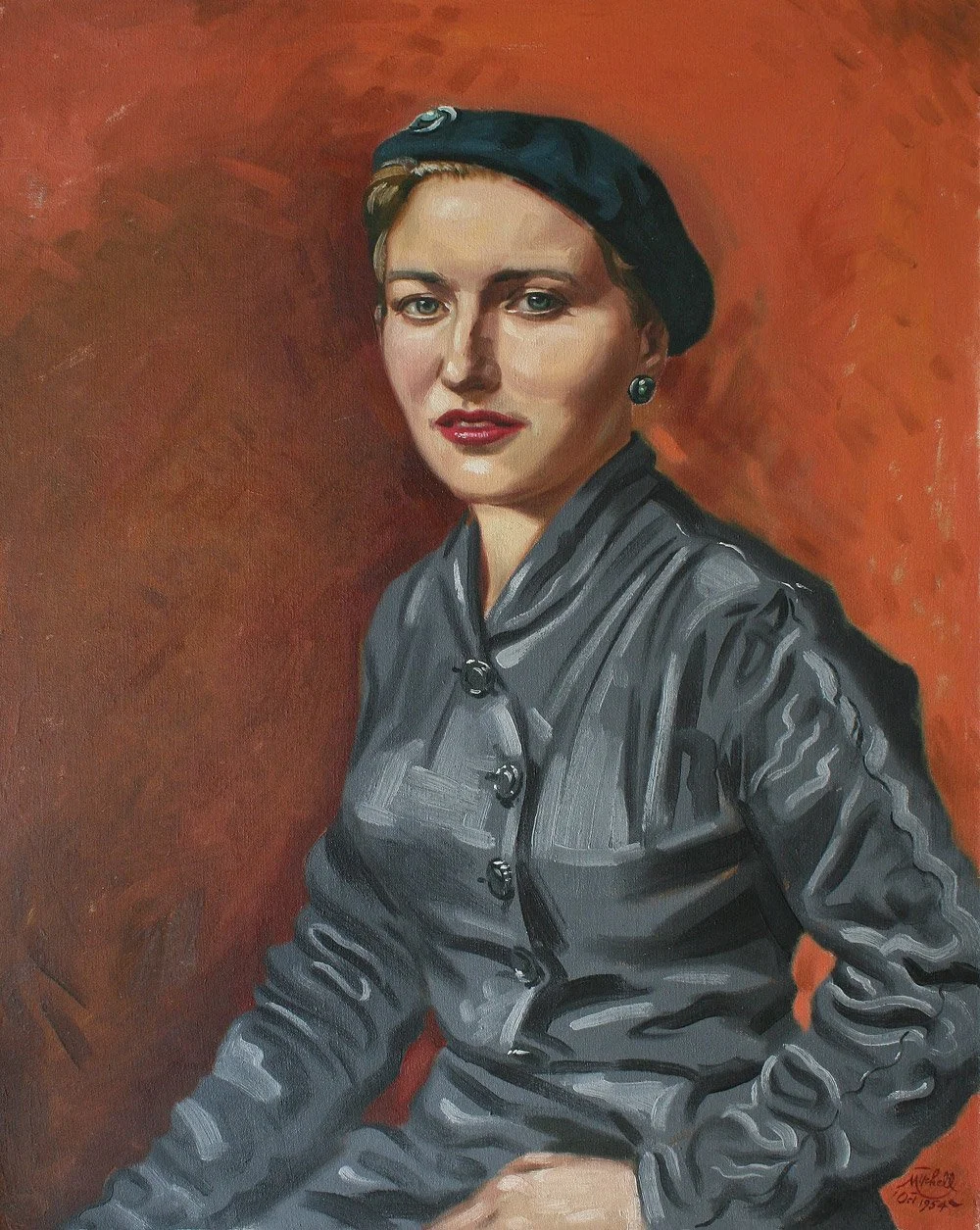 Patricia Nickalls in Blue Beret, oil on canvas on board, signed Mitchell 'Oct 1954, 70cm x 55cm.