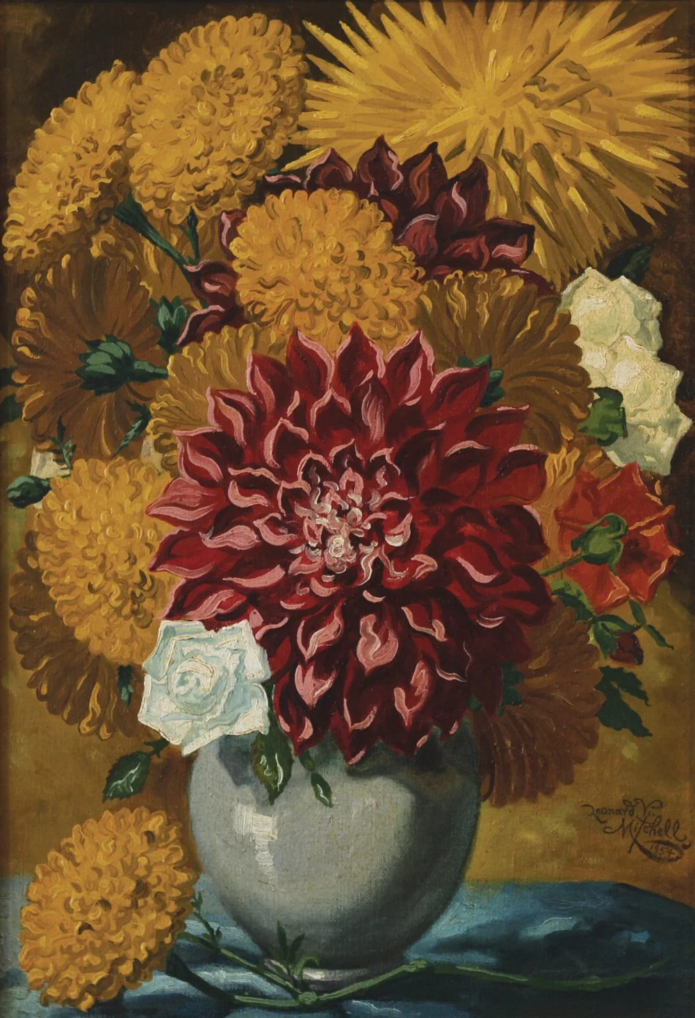 Red and Yellow Dahlias, oil on canvas, signed Leonard Victor Mitchell 1954, 59cm x 47cm.