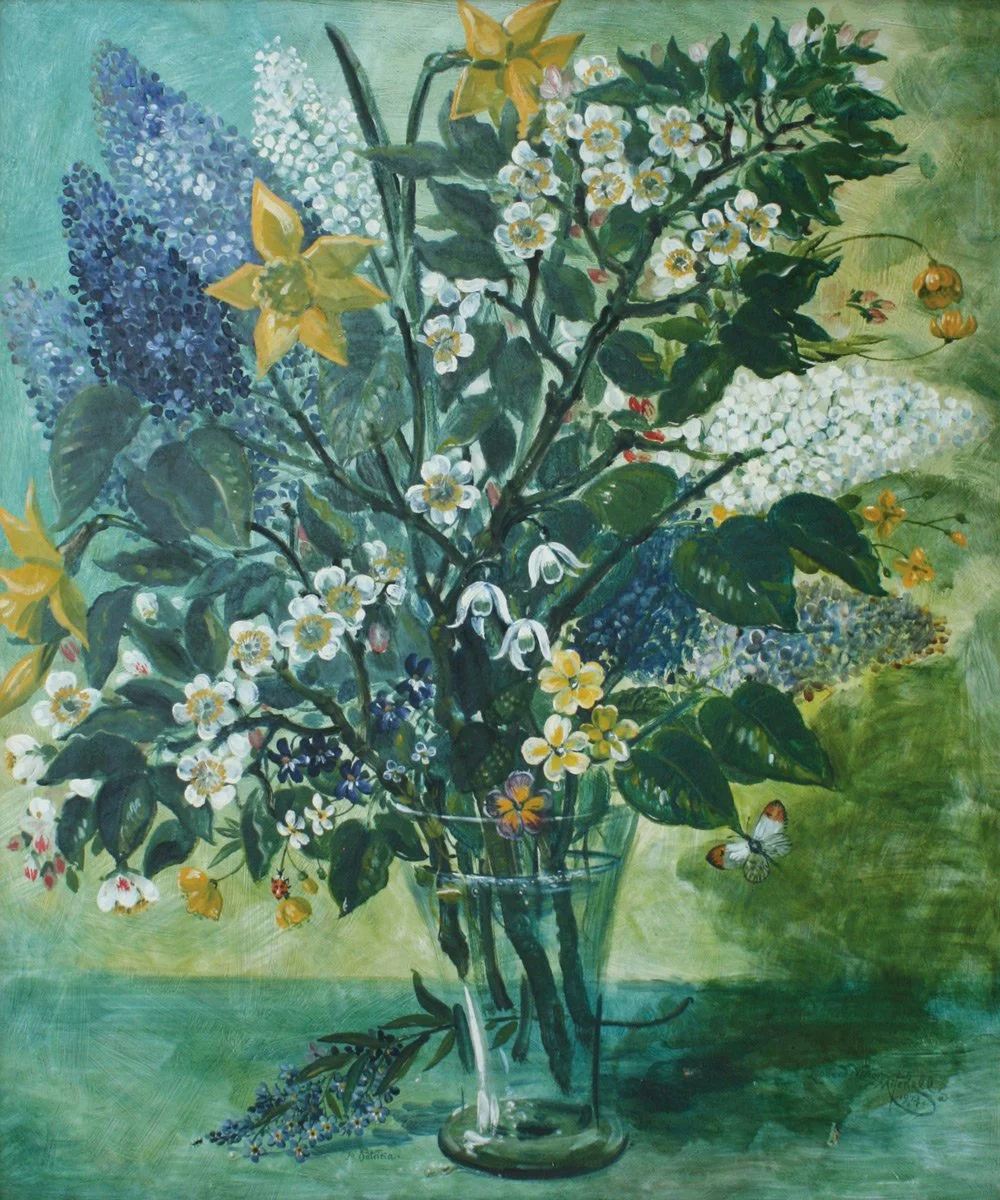 To Patricia with Ladybird and Butterfly, oil on board, signed Leonard Victor Mitchell 1974 and 'To Patricia', 61cm x 50.5cm.