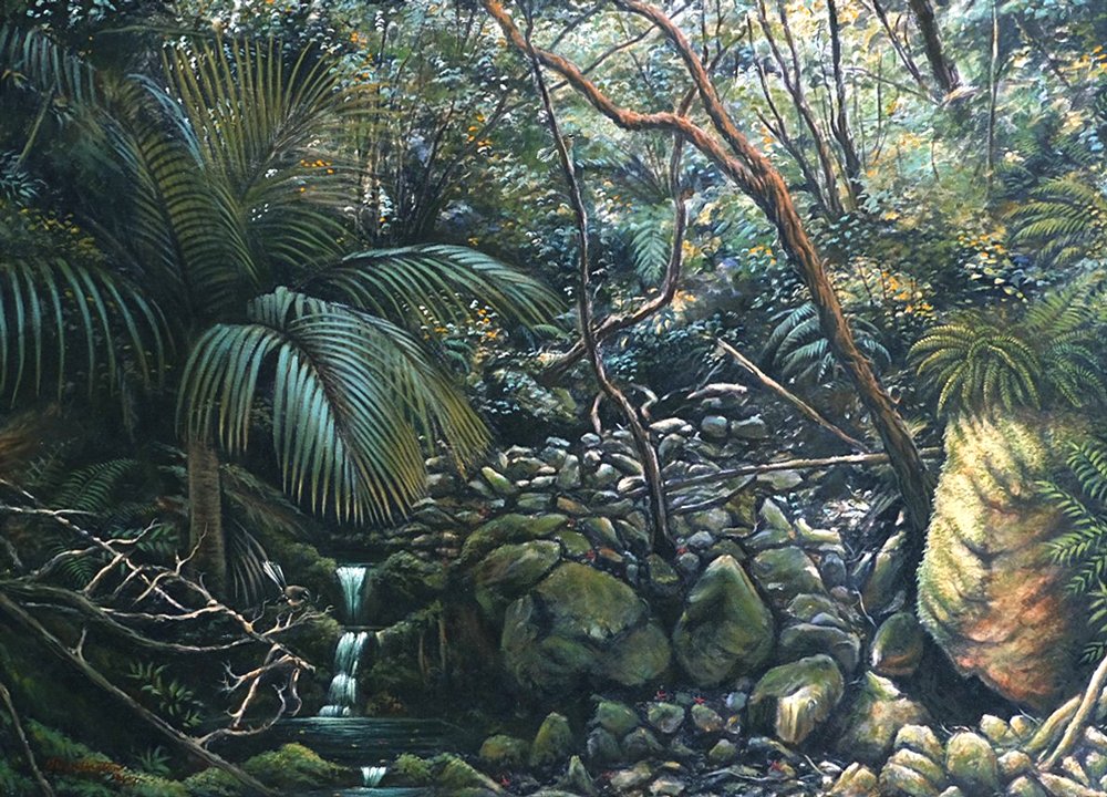 Dappled Light, oil on canvas, signed PJ Waddington. The two fantails depicted in this picture are in Gollans Valley (at the back of Eastbourne) where the Last Huias were seen. It is said that to see two Fantails is good luck.