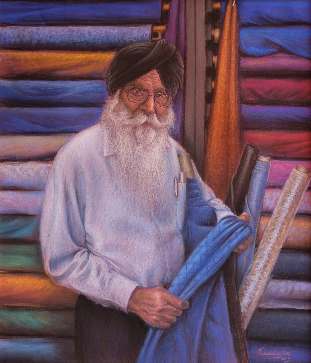 The Silk Seller (Anoop Bediat), pastel on paster paper, signed PJ Waddington, SOLD 2019 for $4,750.