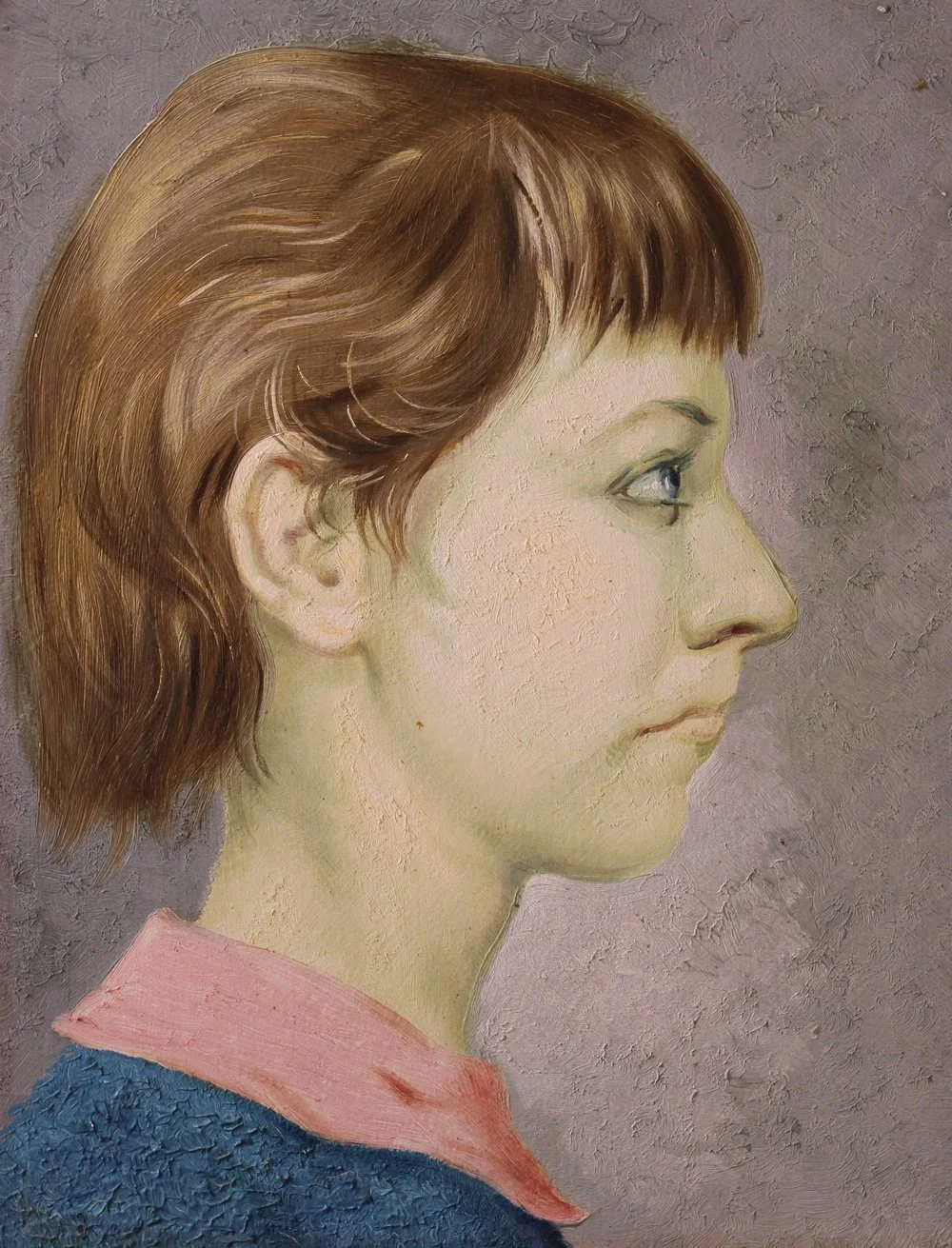 Portrait of Mr Buwalda's Grandaughter in Red Collar & Blue Dress, oil on  board, unsigned (c1960), 32cm x 26cm.