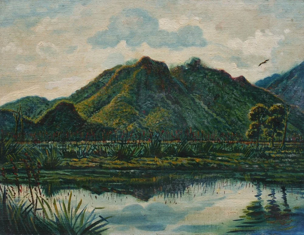 Wetlands and Mountains, South Island, oil on canvas on board, signed Leonard V Mitchell 1960, 35cm x 45cm.