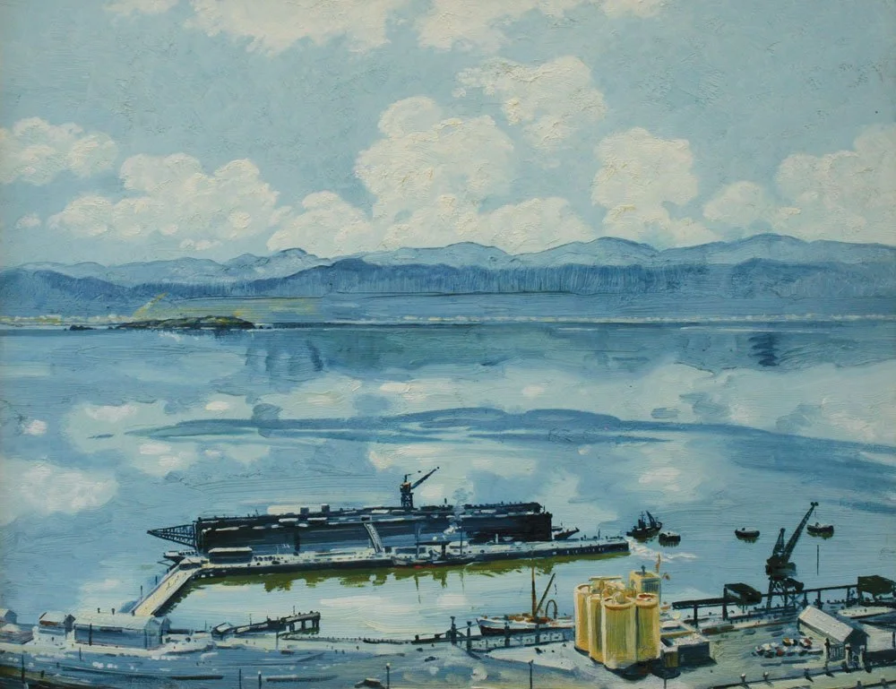 Floating Dock, Wellington Harbour, oil on board, signed Leonard Mitchell 1959, 51cm x 61cm. The floating dock was installed after being towed from a UK shipyard in 1931. In 1988 tug boats undertook to shift the dock prior to it being moved overseas. 