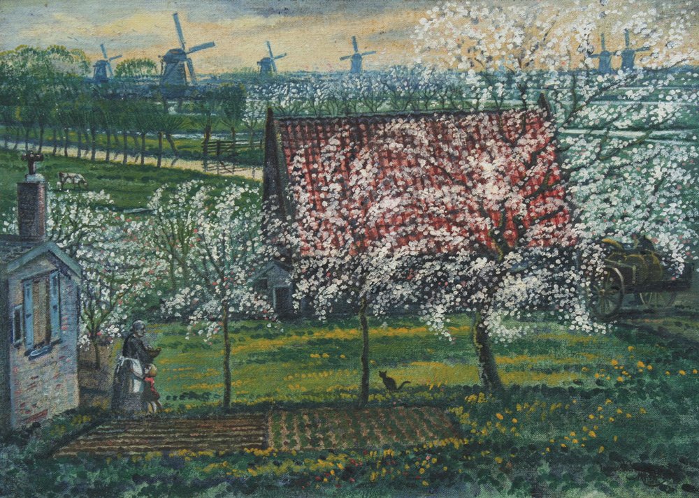 Windmills and Blossoms at Kinderdijk, oil on canvas on board, signed Leonard Victor Mitchell 1962, 36cm x 49cm.