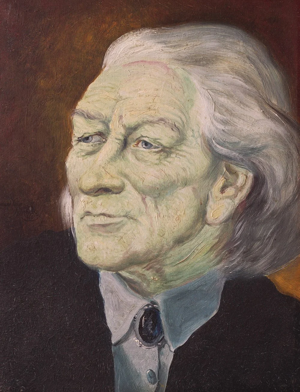 Portrait of Mrs Buwalda in Blue Blouse, Black Coat & Brooch, oil on  board, signed Leonard Victor Mitchell 1960, 32cm x 26cm.