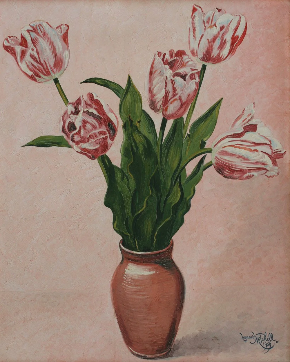 Pink Tulips, oil on board, Leonard Mitchell 1959, 61cm x 51cm. SOLD 2018 $5,500.