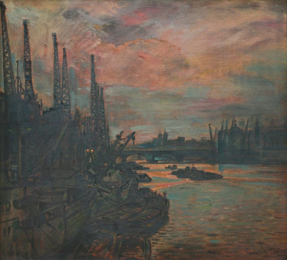 Sunset from Tower Bridge, oil on canvas on board, signed Leonard V Mitchell 1968, 61cm x 66cm.