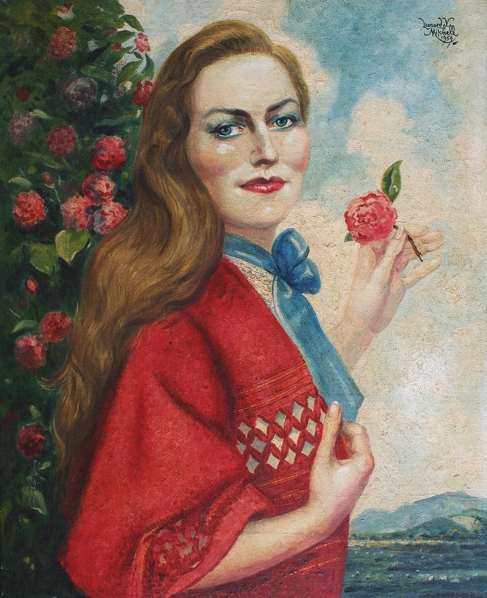 Patricia with Red Roses, oil on canvas on board, signed Leonard V Mitchell 1959, 60cm x 50cm.