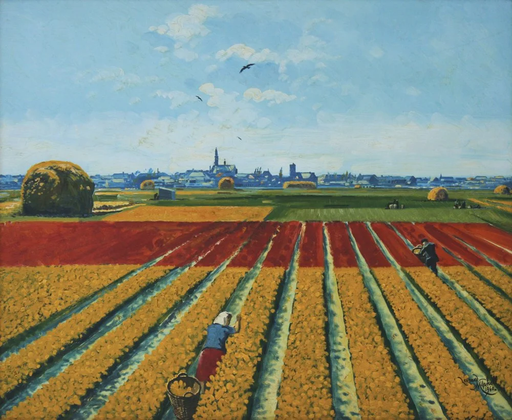 A Distant View from the Bulb Fields, oil on board, signed Leonard Mitchell 1960, 50cm x 60cm. SOLD 2018 for $7,500.