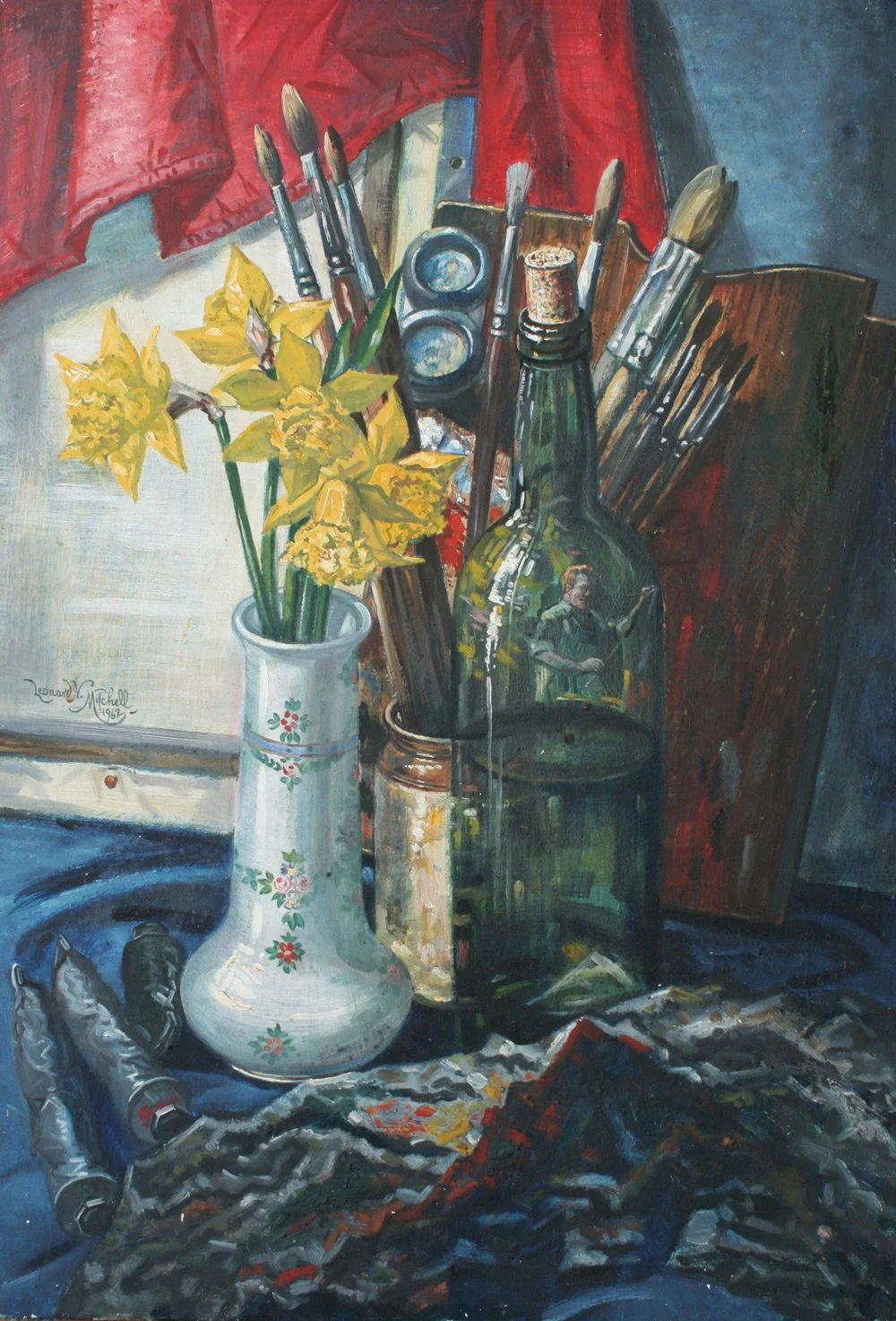 Still Life with Self Portrait, oil on board, signed Leonard V Mitchell 1962, 60cm x 40cm.