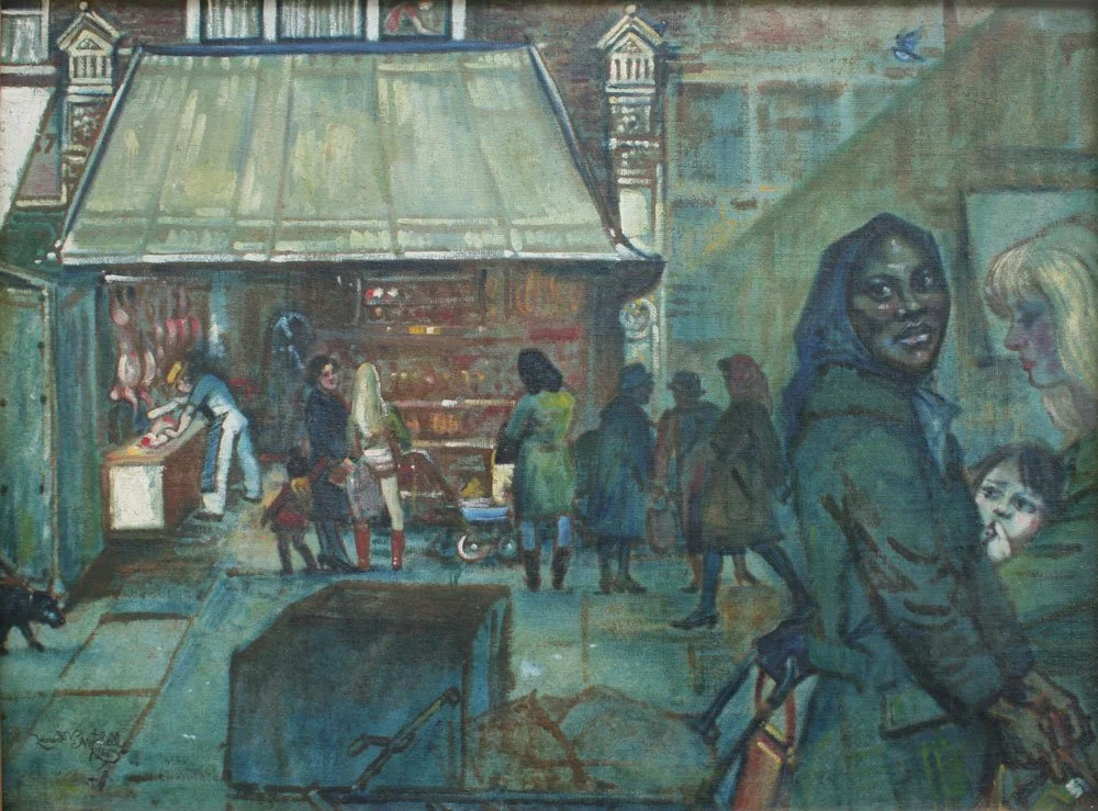 Butcher’s Shop, West Ham, London (Blonde Girl and Jamaican Girl), oil on canvas on board, signed Leonard V Mitchell 1969, 77cm x 102cm.