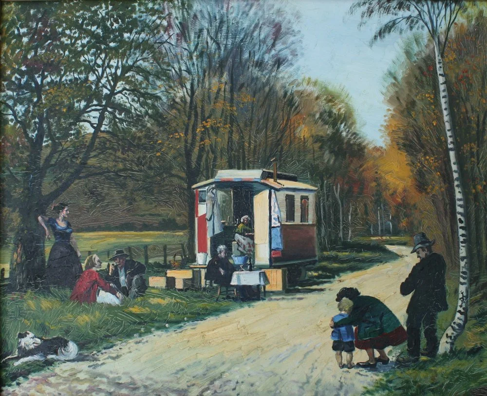 Gypsy Caravan, oil on board, unsigned, 49cm x 59cm.