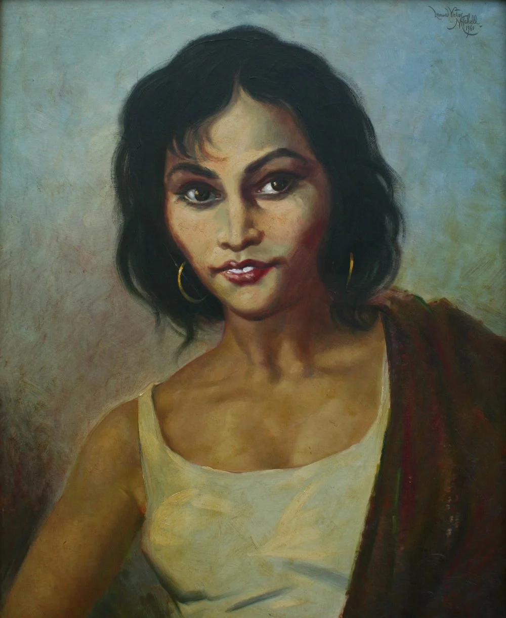 Young Gypsy Woman Holland, oil on board, signed Leonard Victor Mitchell 1960, 60cm x 50cm.