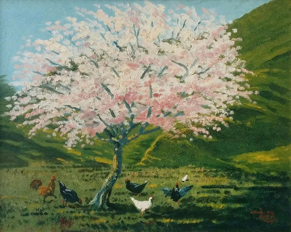 Blossom Tree with Chickens, oil on board, signed Leonard Mitchell 1959, 40cm x 50cm. SOLD 2018 for $7,000.