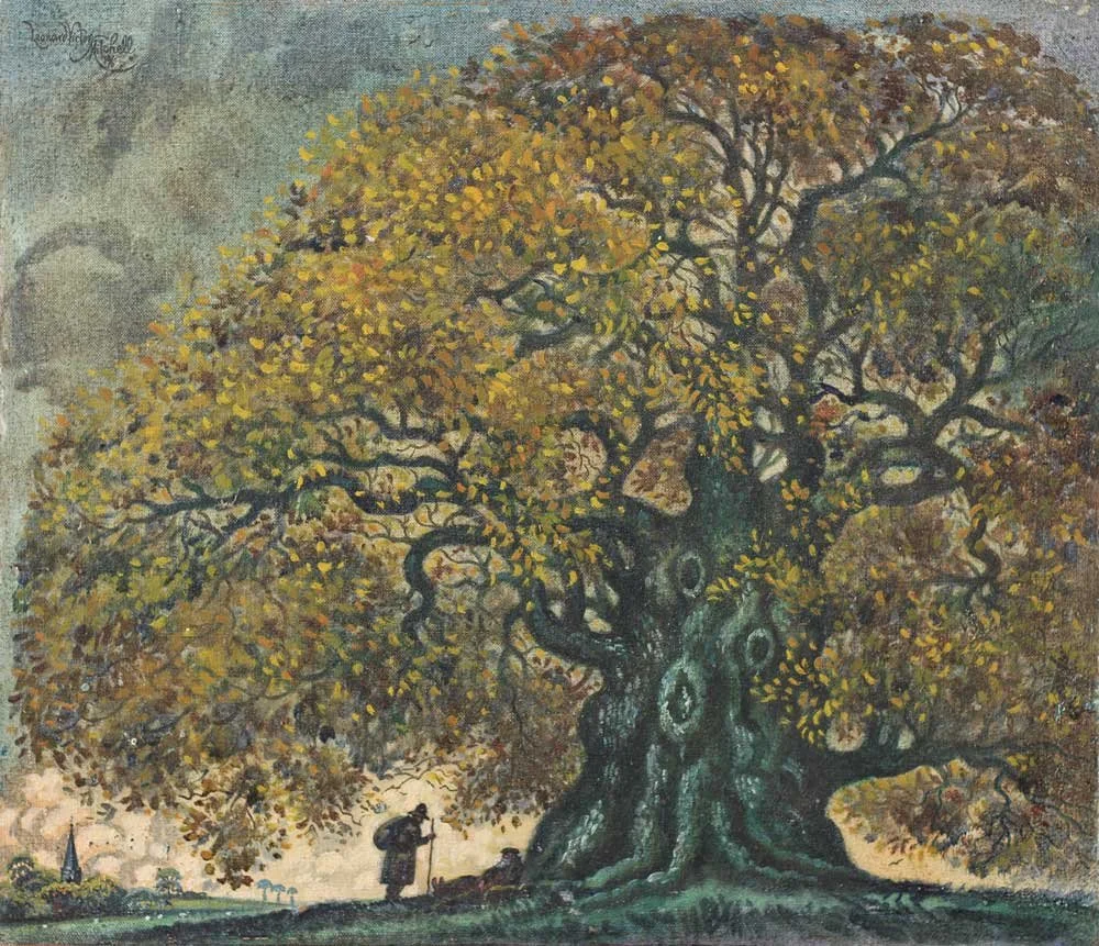Autumn Oak with Wanderers, oil on canvas on board, signed Leonard Victor Mitchell 1962, 42cm x 48cm.