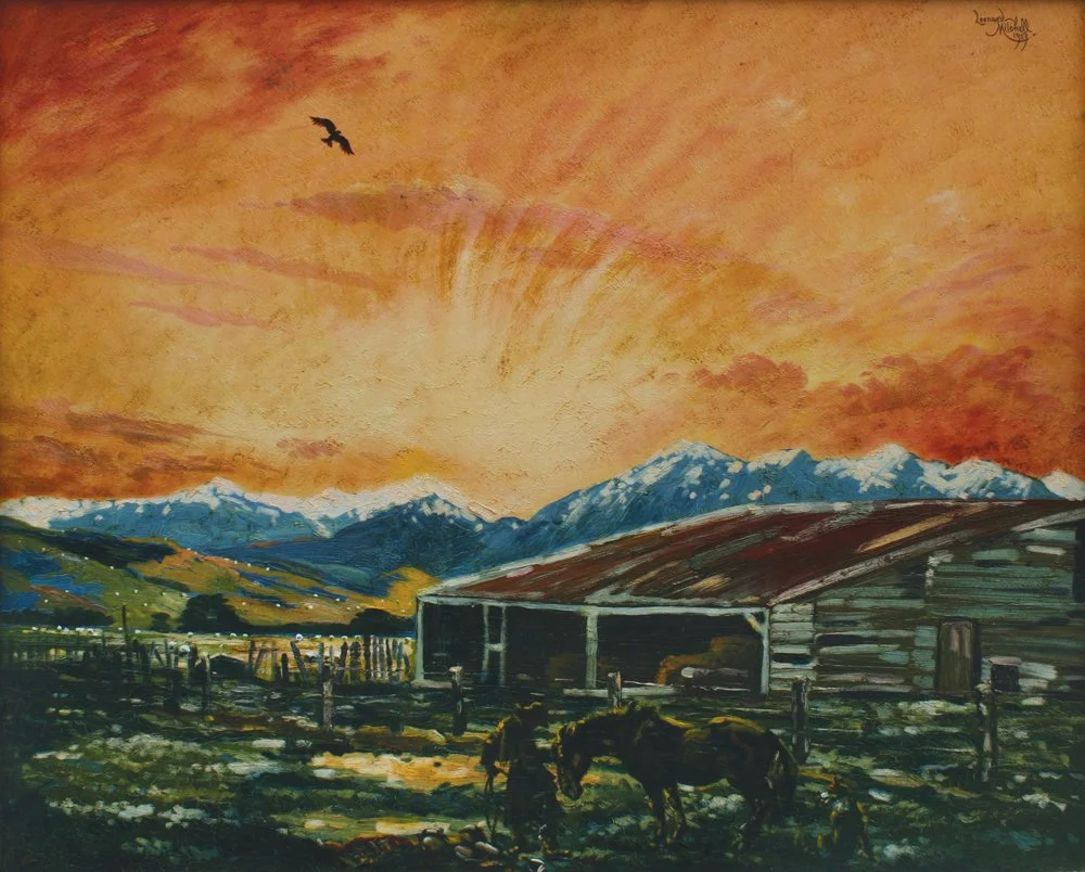 Sunrise in the Rimutakas with Magpie, oil on board, signed Leonard Mitchell 1959, 63cm x 75cm.